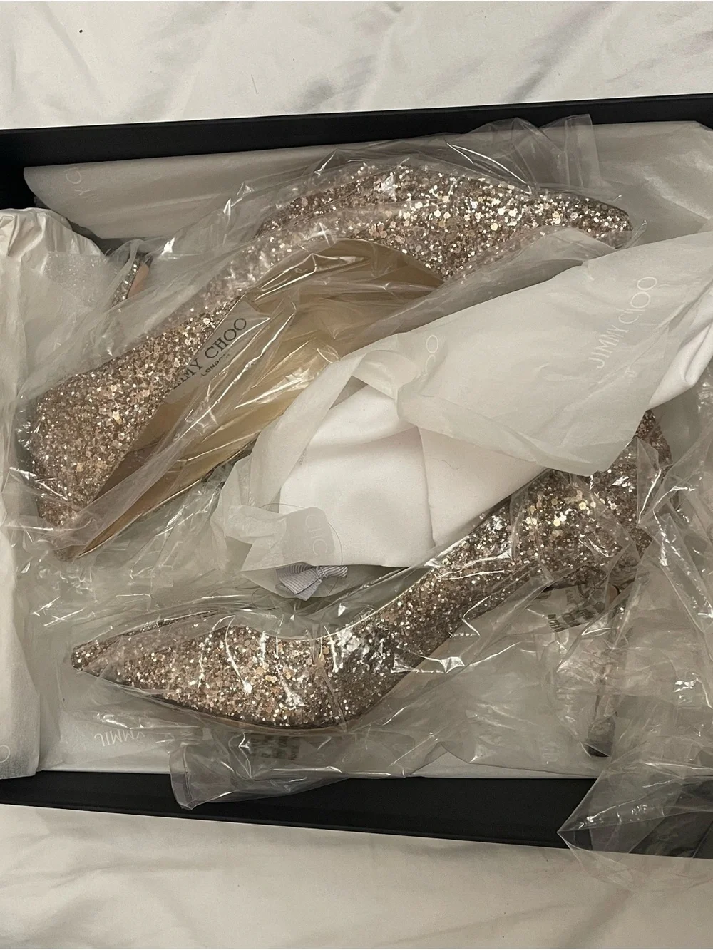 Jimmy Choo Glitter Pointed-Toe Pumps in Gold